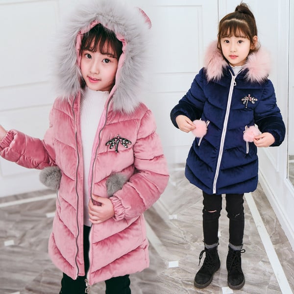 Jelenlegi gyerekkabát kapucnival és pehelyszínnel, kék és rózsaszín színben