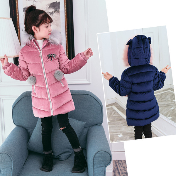 Jelenlegi gyerekkabát kapucnival és pehelyszínnel, kék és rózsaszín színben
