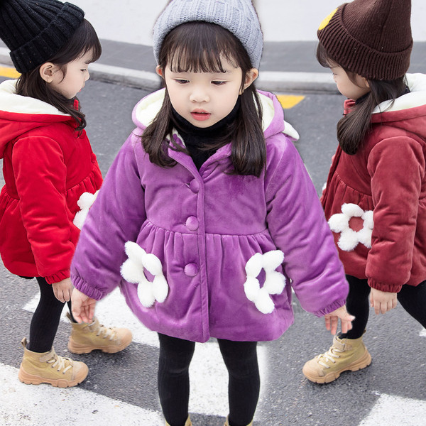 Παιδικό μπουφάν για κορίτσια με κουκούλα και 3D διακόσμηση σε τρία χρώματα