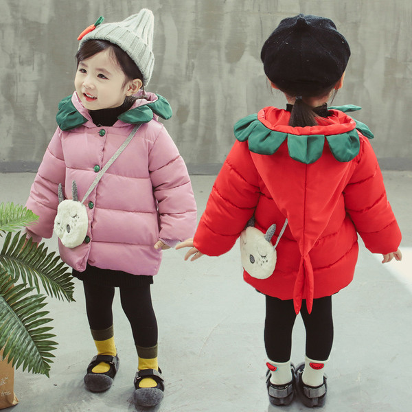 Téli gyerekkabát lányoknak kapucnival és 3D elemekkel három színben