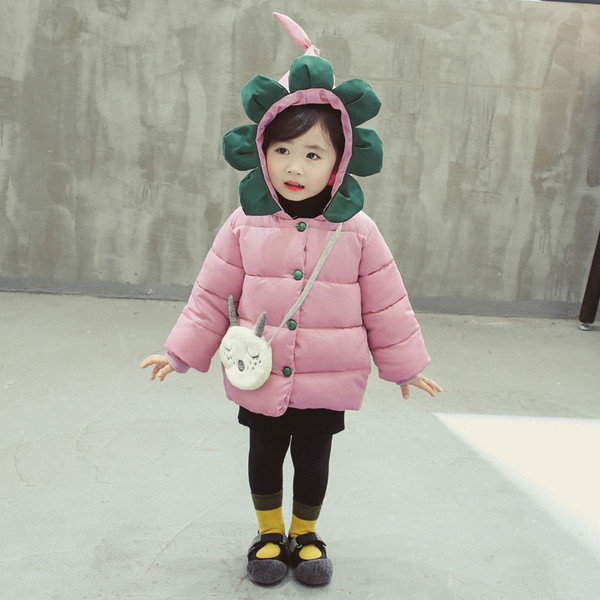 Téli gyerekkabát lányoknak kapucnival és 3D elemekkel három színben