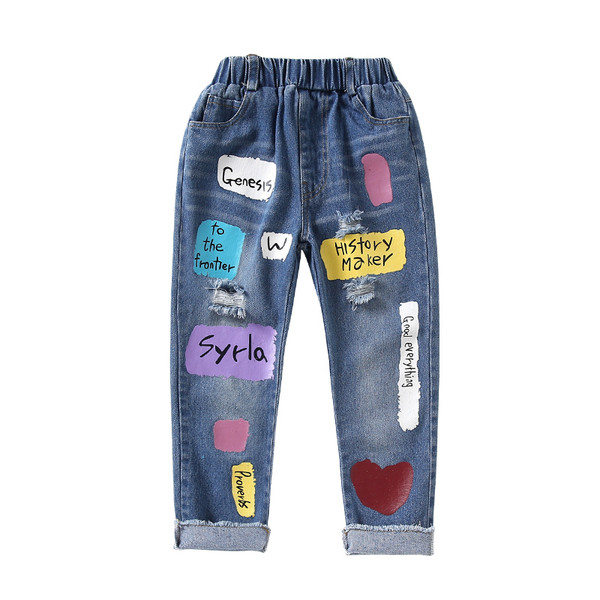 Modern gyerekfarmer lányoknak színes felvitelekkel, rugalmas derékkal