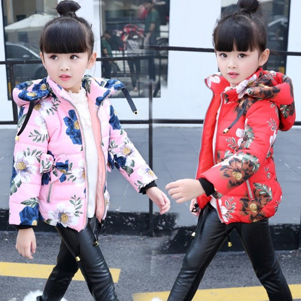 Χειμερινό παιδικό χειμωνιάτικο μπουφάν για κορίτσια σε τρία χρώματα με φυτικά μοτίβα