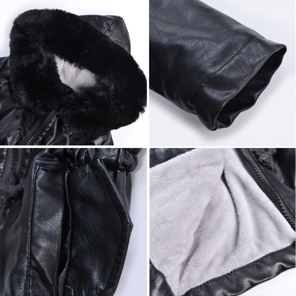 Χειμερινό παιδικό μπουφάν από οικολογικό δέρμα με κουκούλα και μαύρο χρώμα