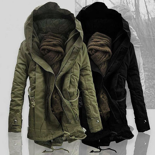Geaca de iarna eleganta pentru barbati cu gluga si cravate in trei culori