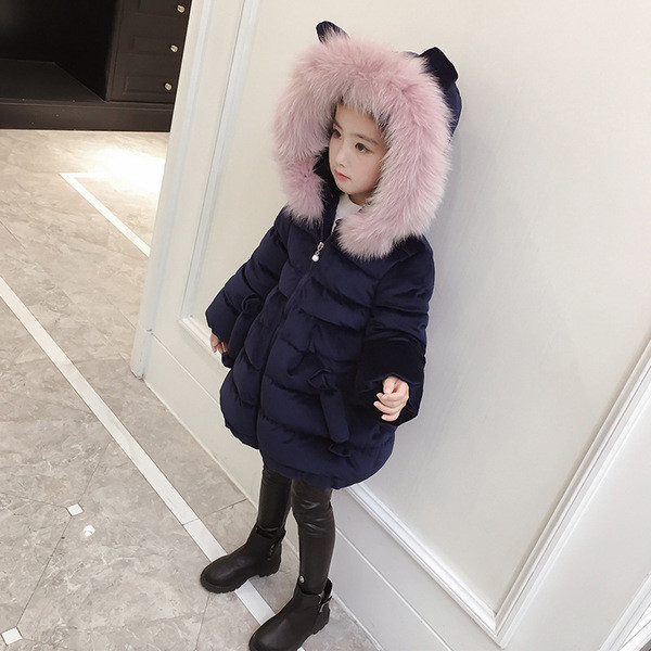 Gyermek modern kabát 3D díszítéssel és kapucnival pehely két színben