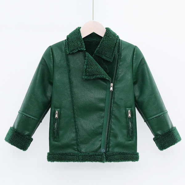 Modern, öko bőrből készült gyerekkabát, puha zöld és barna béléssel