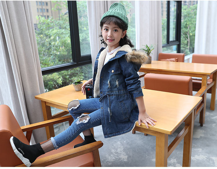 Jachetă modernă pentru copii din denim pentru fete, cu glugă în puf și căptușeală moale