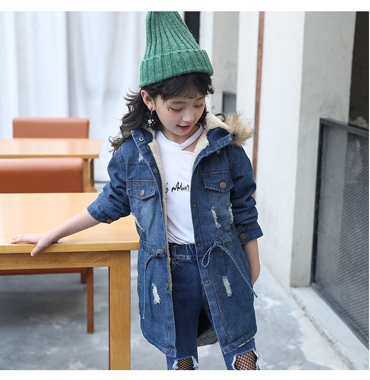 Jachetă modernă pentru copii din denim pentru fete, cu glugă în puf și căptușeală moale