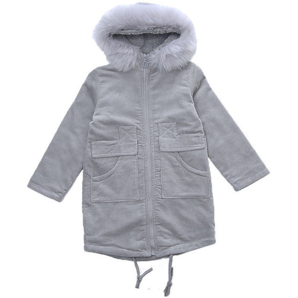 Aktuális gyerekkabát lányoknak, szürke színű pehely kapucnival