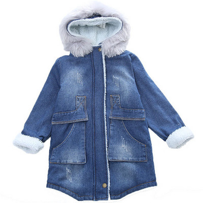 Modern gyerek farmerdzseki lányoknak puha béléssel és kapucnival
