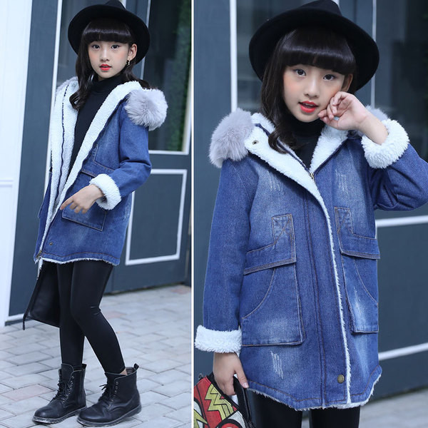 Modern gyerek farmerdzseki lányoknak puha béléssel és kapucnival