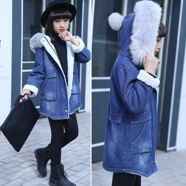 Modern gyerek farmerdzseki lányoknak puha béléssel és kapucnival