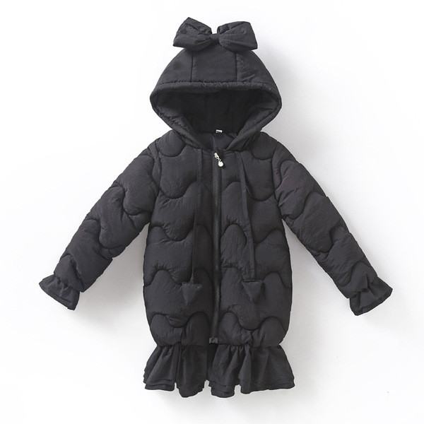 Téli hosszú gyerekkabát lányoknak, kapucniján szalaggal