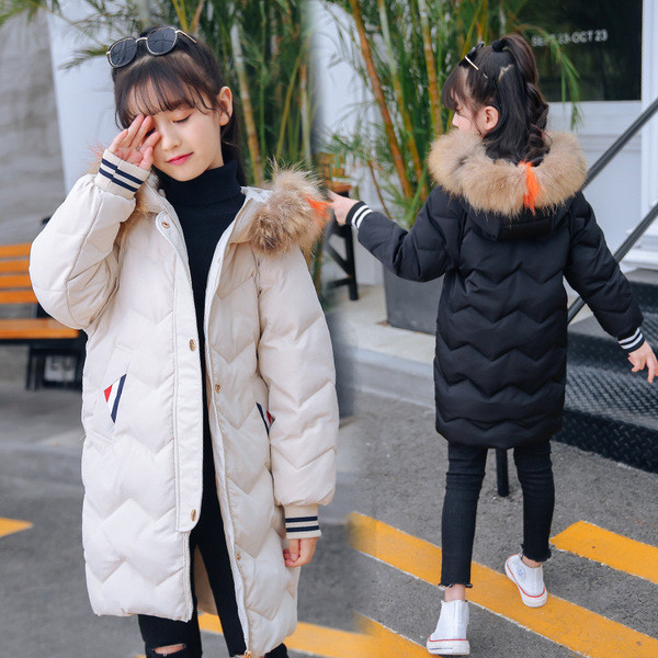 Παιδικό μακρύ μπουφάν για  κορίτσια με χνουδωτή κουκούλα