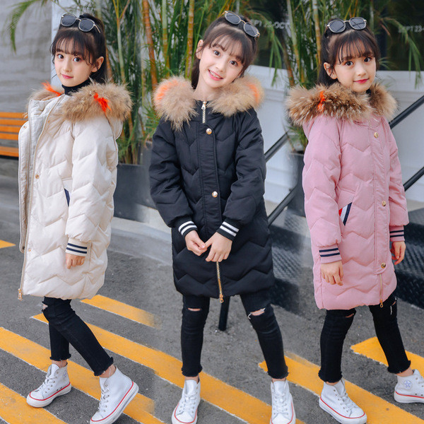 Παιδικό μακρύ μπουφάν για  κορίτσια με χνουδωτή κουκούλα