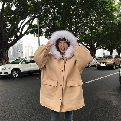 Модерно дамско яке широк модел с качулка и пух в два цвята