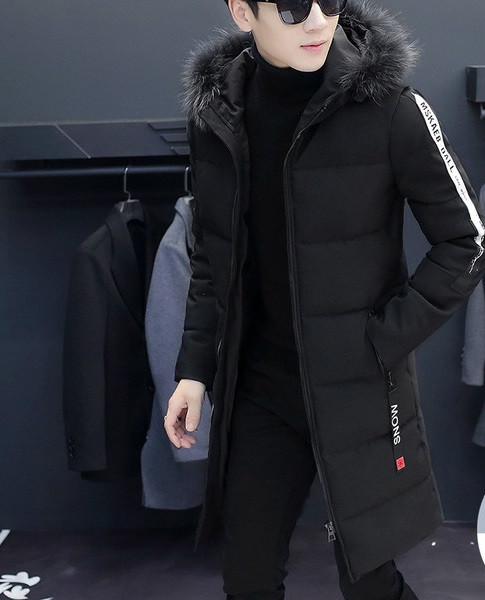 Модерно зимно мъжко яке дълъг модел с пух на качулката в два цвята 