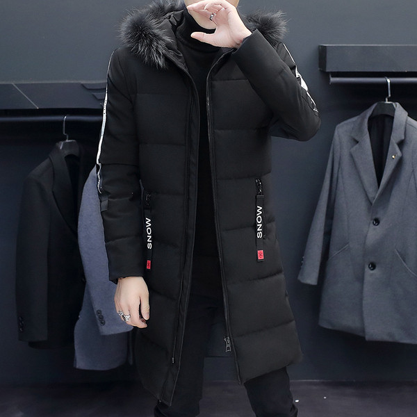 Модерно зимно мъжко яке дълъг модел с пух на качулката в два цвята 