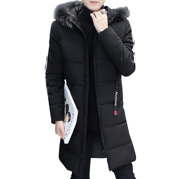 Модерно зимно мъжко яке дълъг модел с пух на качулката в два цвята 