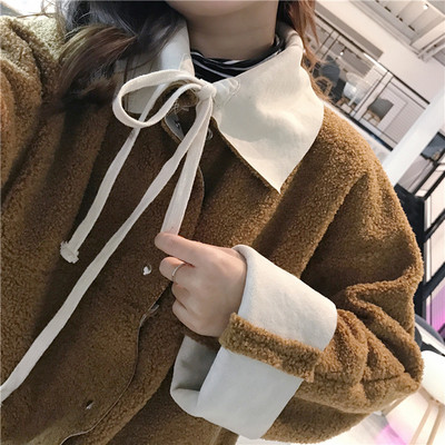 Модерно дамско палто с две лица и връзки 