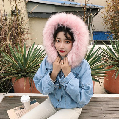 Модерно дамско дънково яке с мека подплата и качулка с пух в два цвята