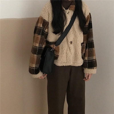 Карирано дамско пухено палто с джобове в два модела