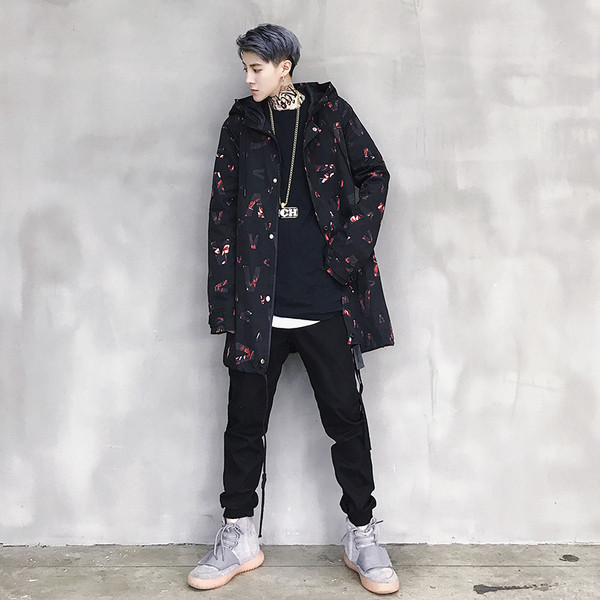 Дълго мъжко яке ветроустойчиво с качулка в черен цвят