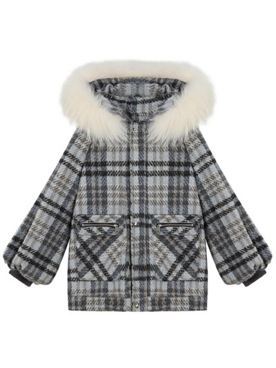 Дамско карирано яке с пух на качулката