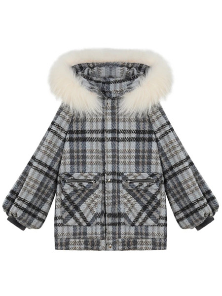 Дамско карирано яке с пух на качулката