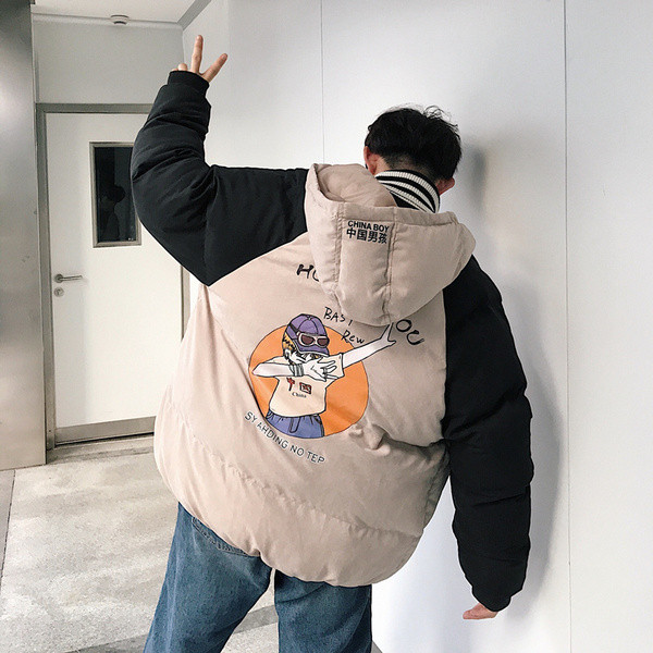 Зимно мъжко яке с качулка и цветна апликация в два цвята 