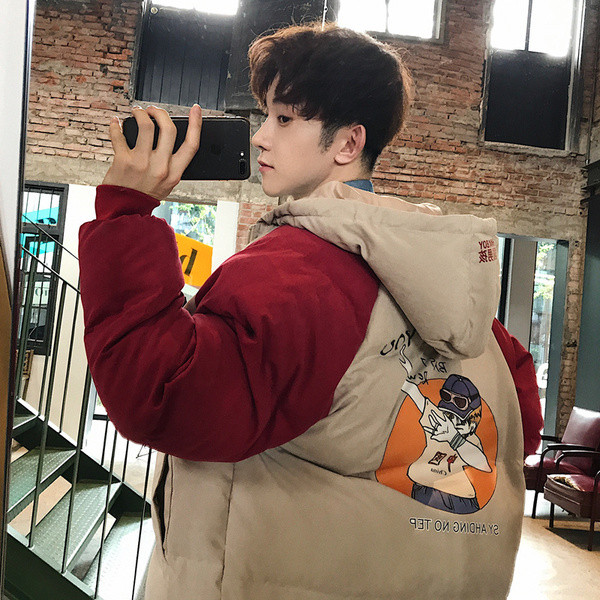 Зимно мъжко яке с качулка и цветна апликация в два цвята 