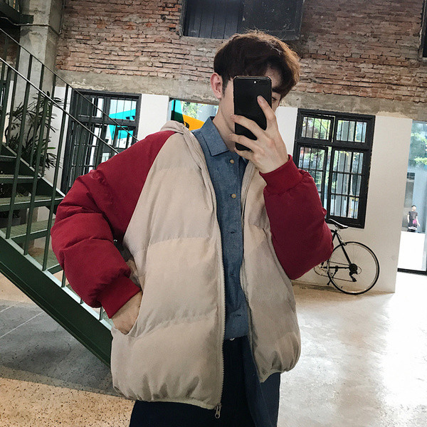 Зимно мъжко яке с качулка и цветна апликация в два цвята 