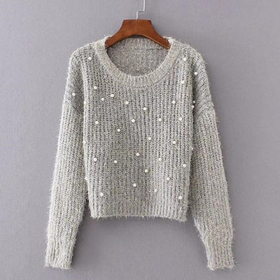 Дамски модерен пуловер с декорация перли