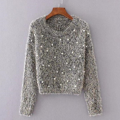 Дамски модерен пуловер с декорация перли