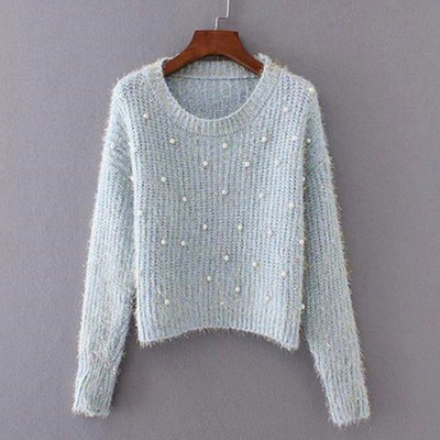 Дамски модерен пуловер с декорация перли