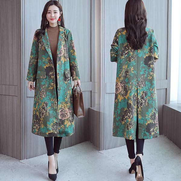 Дълго дамско палто в два цвята с флорални мотиви