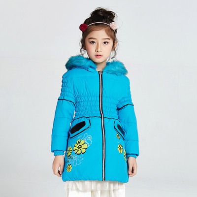 Модерно детско дълго яке за момичета в син цвят с апликация