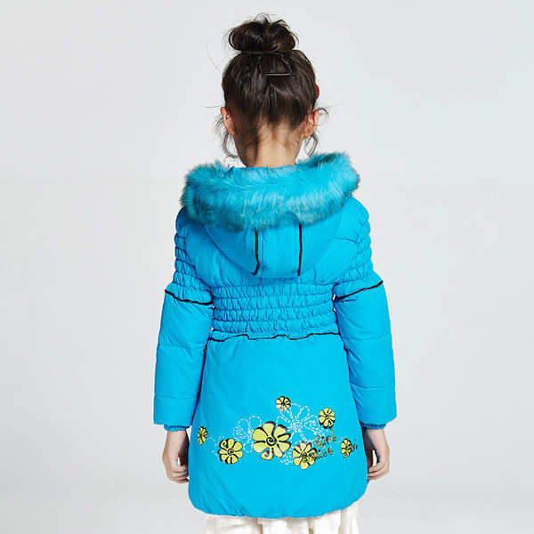 Модерно детско дълго яке за момичета в син цвят с апликация