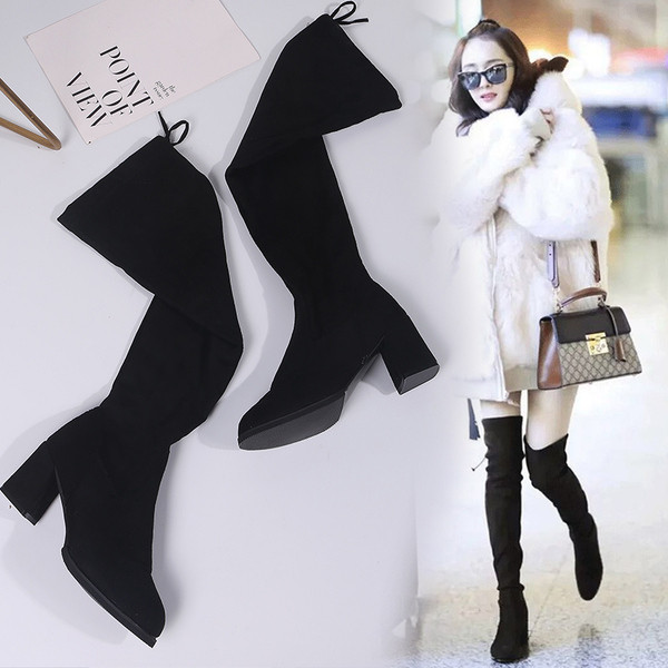 Стилни дамски ботуши от еко велур заострен модел в черен цвят 