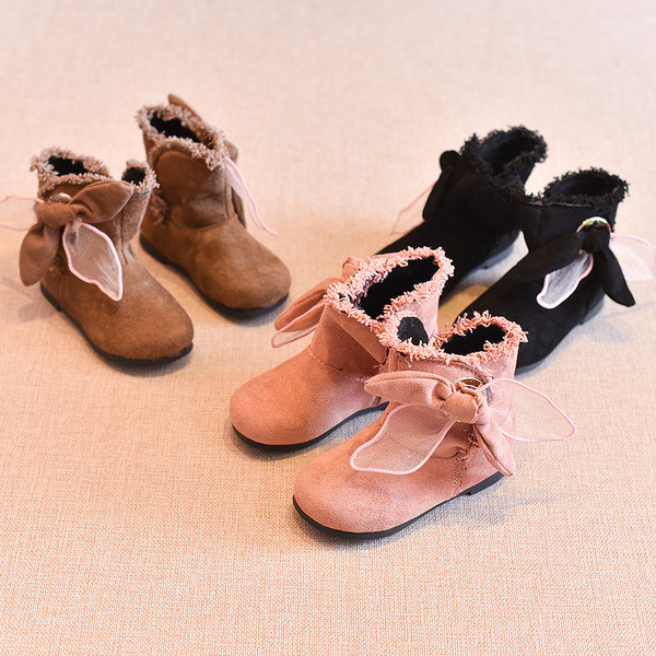 Детски стилни боти за момичета с декорация панделка в три цвята