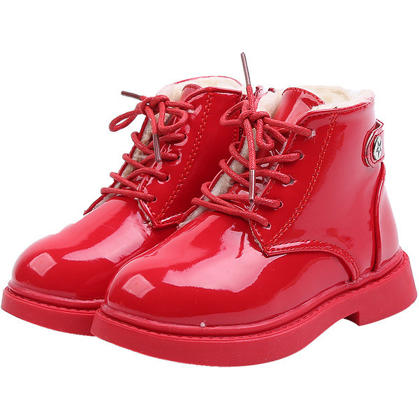 Детски лачени боти за момичета с топла подплата в черен и червен цвят