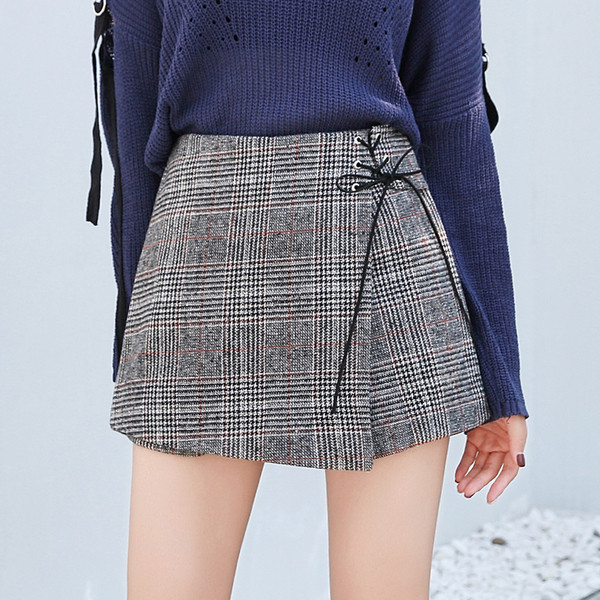 Карирана пола-панталон с връзки за есента и зимата в два цвята