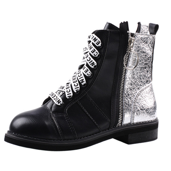 Актуални дамски боти от еко кожа с връзки с надписи