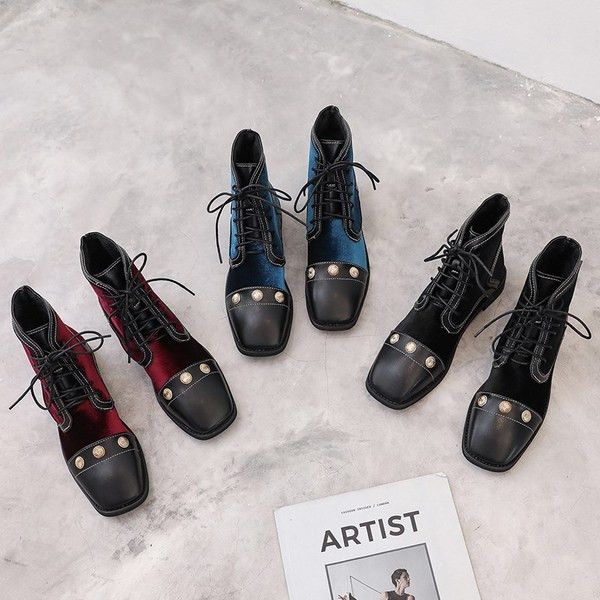 Модерни дамски боти от кадифе с перли и връзки в три цвята