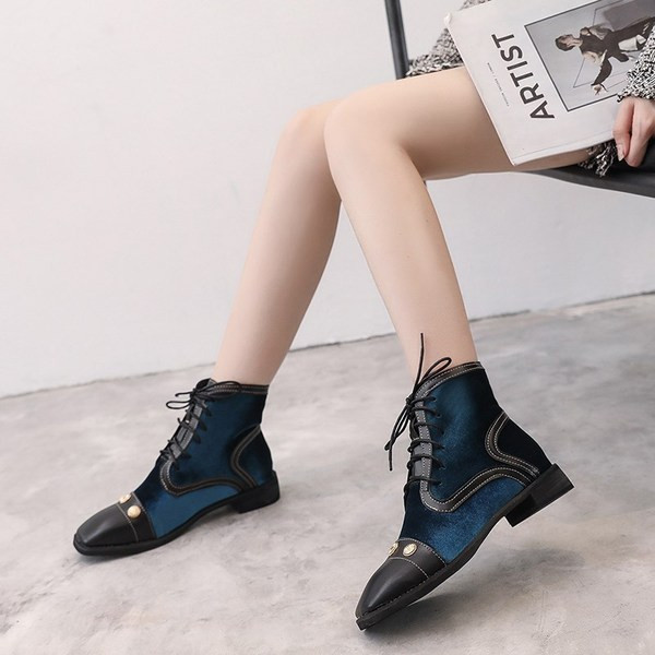 Модерни дамски боти от кадифе с перли и връзки в три цвята