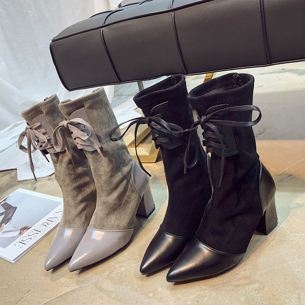 Заострени дамски боти с дебел ток и връзки в два цвята