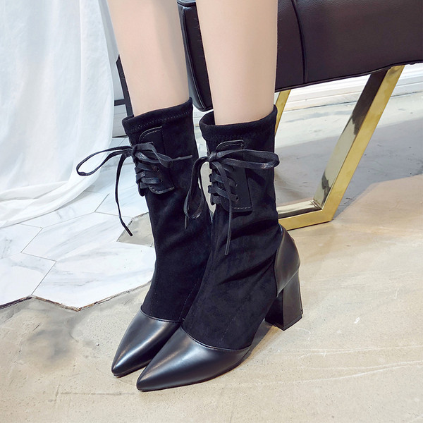 Заострени дамски боти с дебел ток и връзки в два цвята