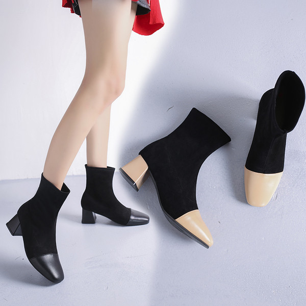 Ghete de dama cu toc gros din piele intoarsa ecologica in doua culori