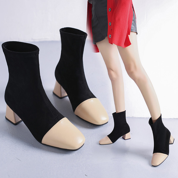 Ghete de dama cu toc gros din piele intoarsa ecologica in doua culori